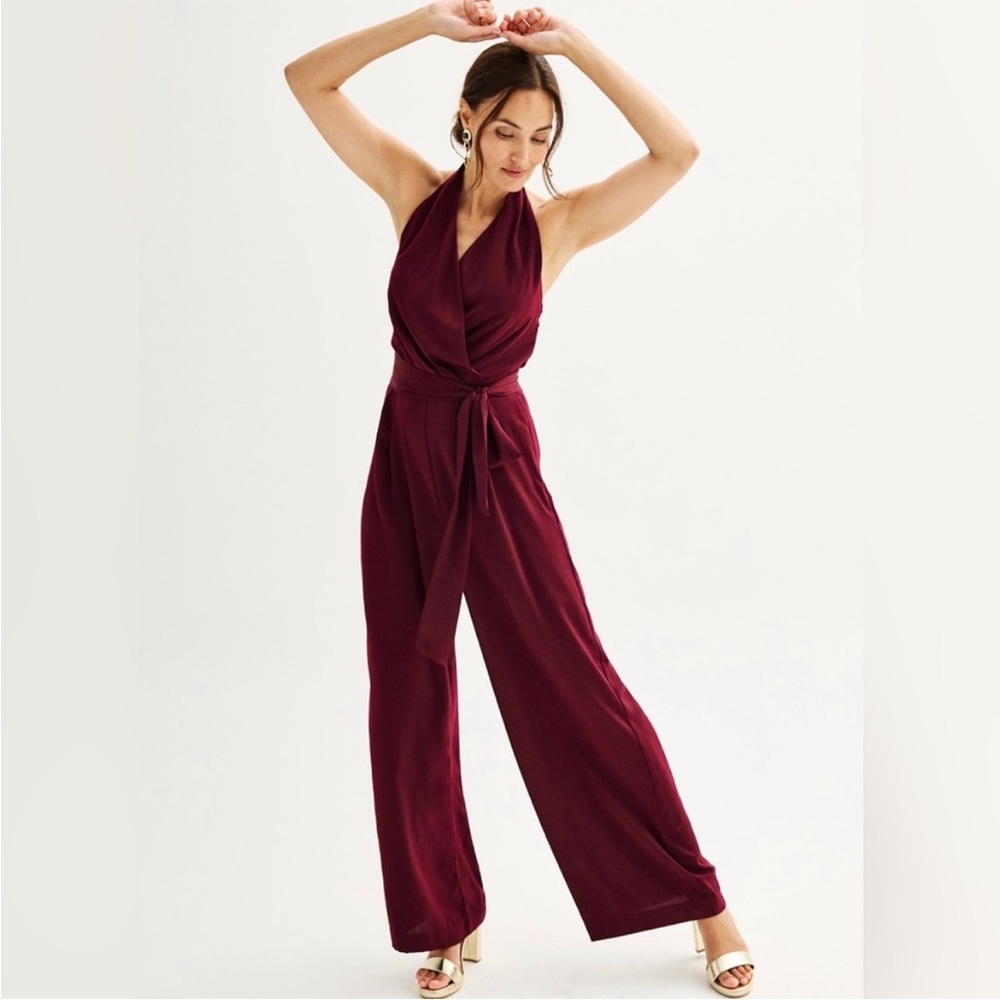Nine West Sleeveless Wide Leg Halter Jumpsuit Burgundy SZ XXL:NWT Style WW33Y214